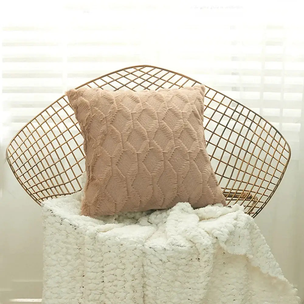 Beige textured cushion cover with an embroidered diamond knit design for living room decor