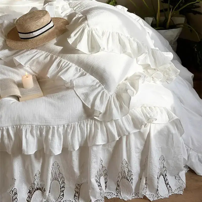 White embroidered lace cotton ruffles bedding set with ruffled bed skirt and delicate lace trim for bedroom luxury