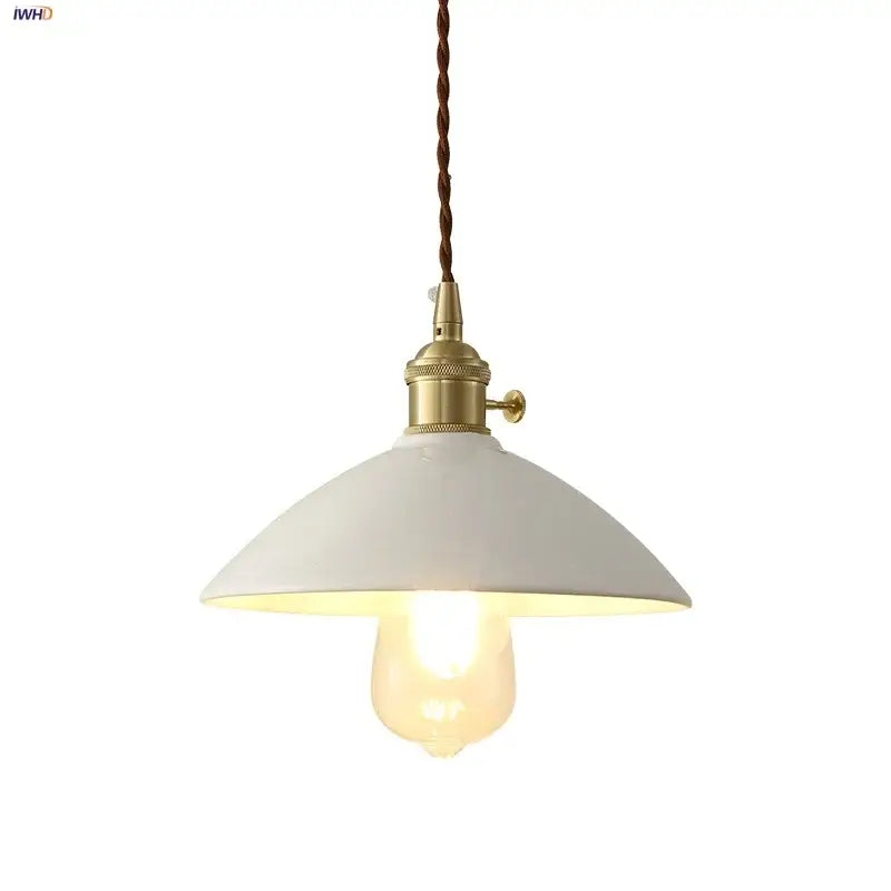 White enamel pendant light with brass fixture and decorbites ceramic knob switch on twisted brown cord for kitchen decor