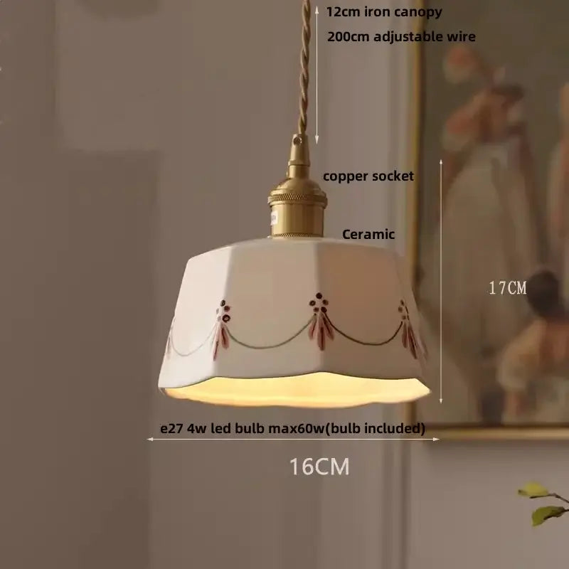 Cream-colored ceramic pendant light with delicate brown floral embroidery brass copper socket and decorbites ceramic knob switch