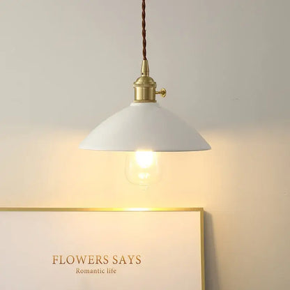 White enamel pendant light with brass fixture and decorbites ceramic knob switch featuring twisted brown cord