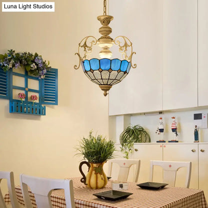 Lámpara colgante estilo Tiffany con acabado blanco, vitral, detalles de rombos y cuadrados azules/rojos - Lámpara de suspensión para 2 bombillas