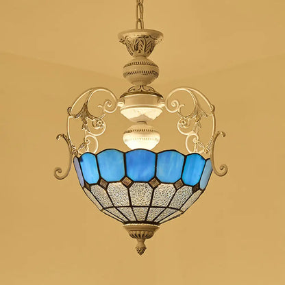 Lámpara colgante estilo Tiffany con acabado blanco, vitral, detalles de rombos y cuadrados azules/rojos - Lámpara de suspensión para 2 bombillas