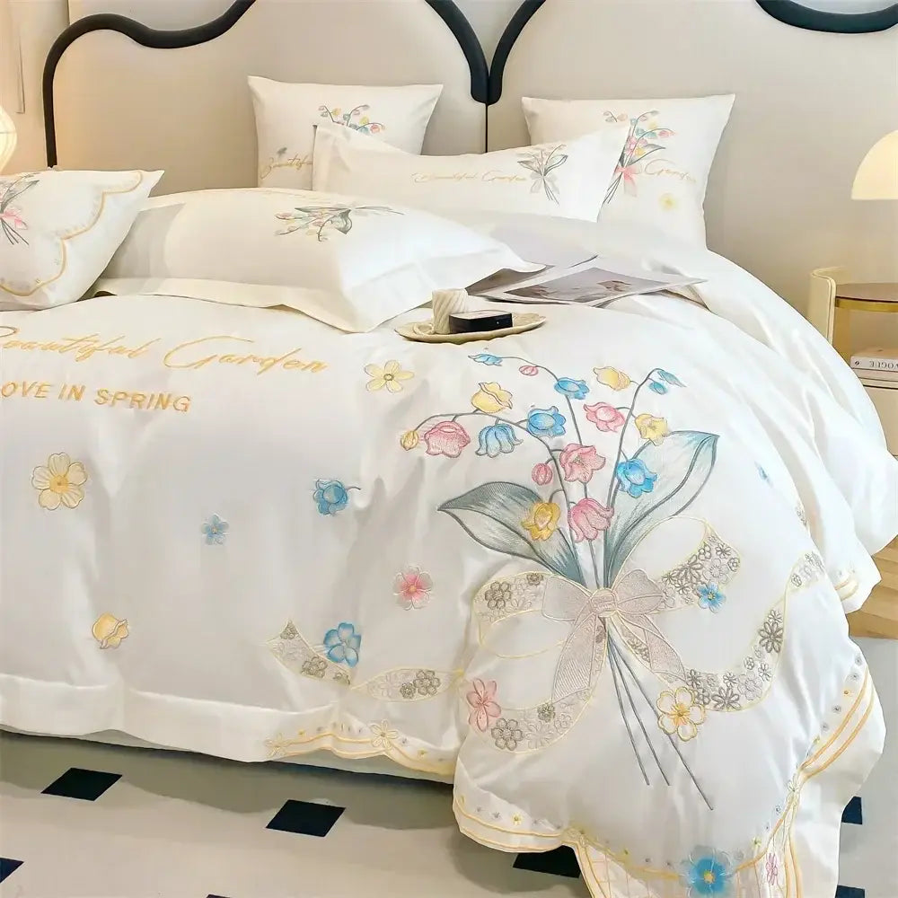White floral butterfly flowers embroidery bedding set with delicate pastel blossoms and lace-trimmed bow decorbites butterfly flowers