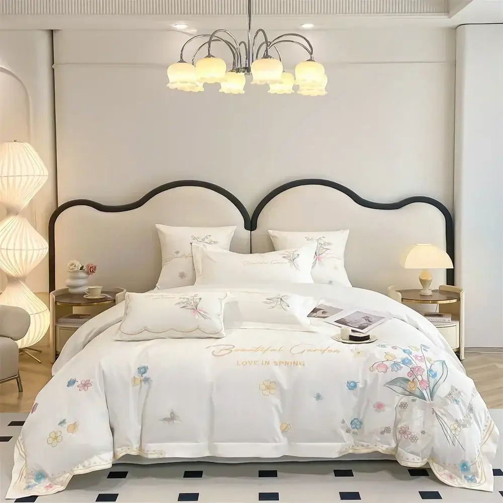 White floral butterfly flowers embroidery bedding set with delicate pastel blossoms and gold lettering decorbites butterfly flowers