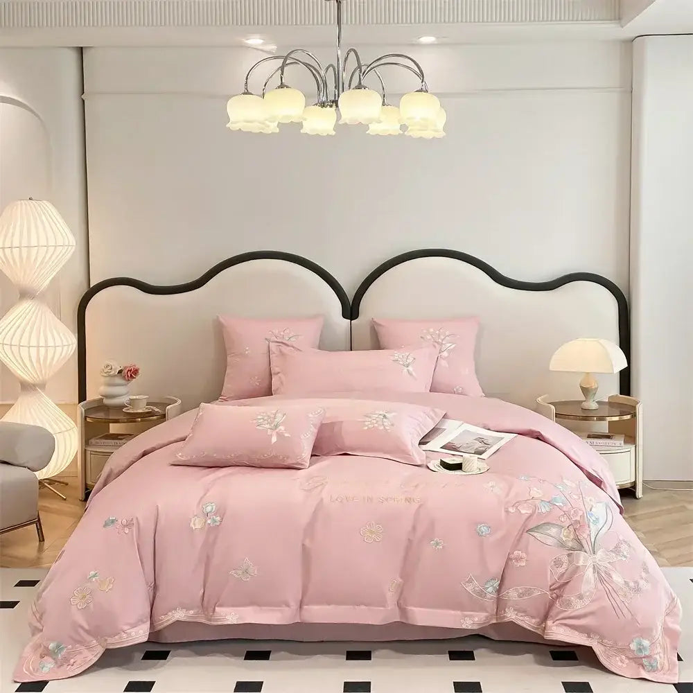 Pink embroidered floral bedding set with delicate pastel decorbites butterfly flowers embroidery on soft fabric finish