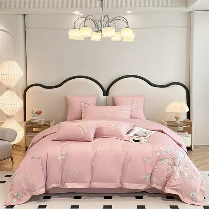 Pink embroidered floral bedding set with delicate pastel decorbites butterfly flowers embroidery on soft fabric finish