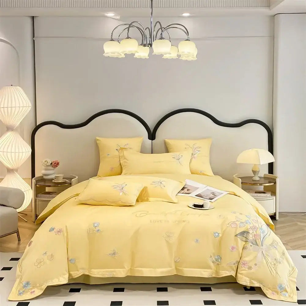 Yellow satin bedding set with delicate white floral butterfly flowers embroidery by decorbites for bedroom decor