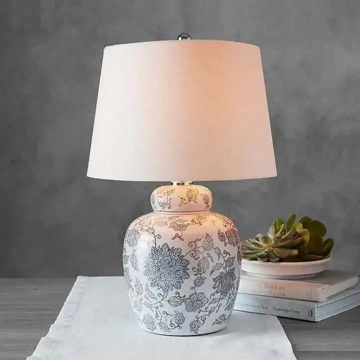 White floral ceramic desk lamp with blue patterns and beige shade ideal for bedroom side table decorbites ceramic desk lamp
