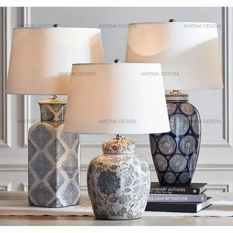 White floral ceramic desk lamp with intricate gray patterns and matching lid ideal for bedroom side table decorbites ceramic desk lamp