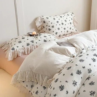 White floral cotton bedding set pillowcases with black patterns and delicate lace ruffles for bedroom use