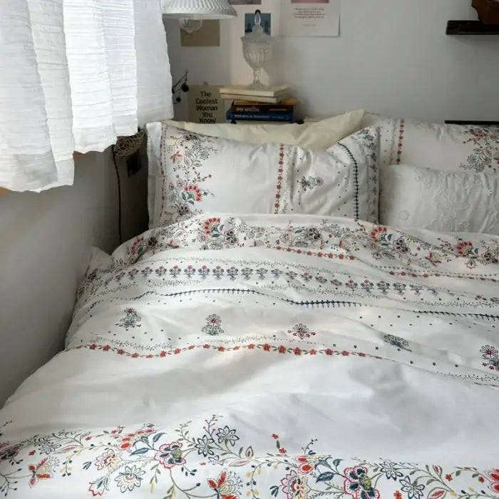 White floral embroidered cotton duvet cover set with delicate red blue and black embroidery for bedroom bedding