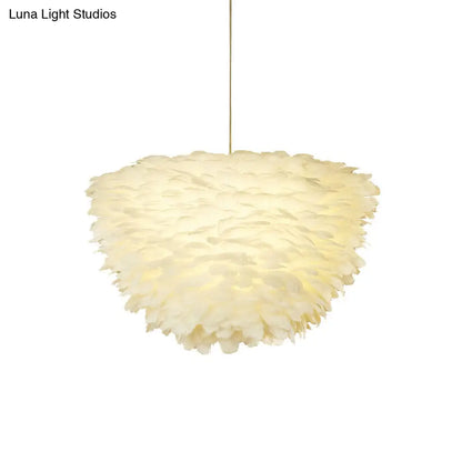 White Floral Pendant Chandelier with Feather Accent - Simple Dining Room Lighting