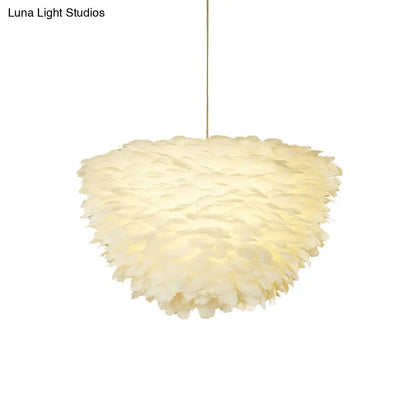 White Floral Pendant Chandelier with Feather Accent - Simple Dining Room Lighting