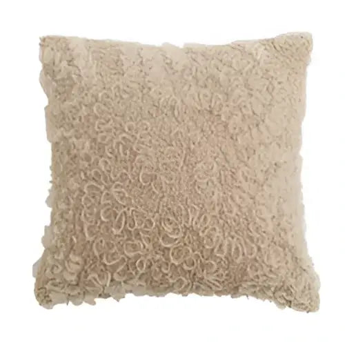 Beige lace cushion cover 45x45cm with textured fringed edge and ivorycamel polka dot design for living room use