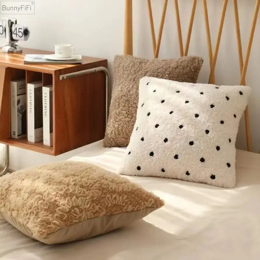 White fluffy ivorycamel polka dot cushion cover 45x45cm for living room with black polka dots design