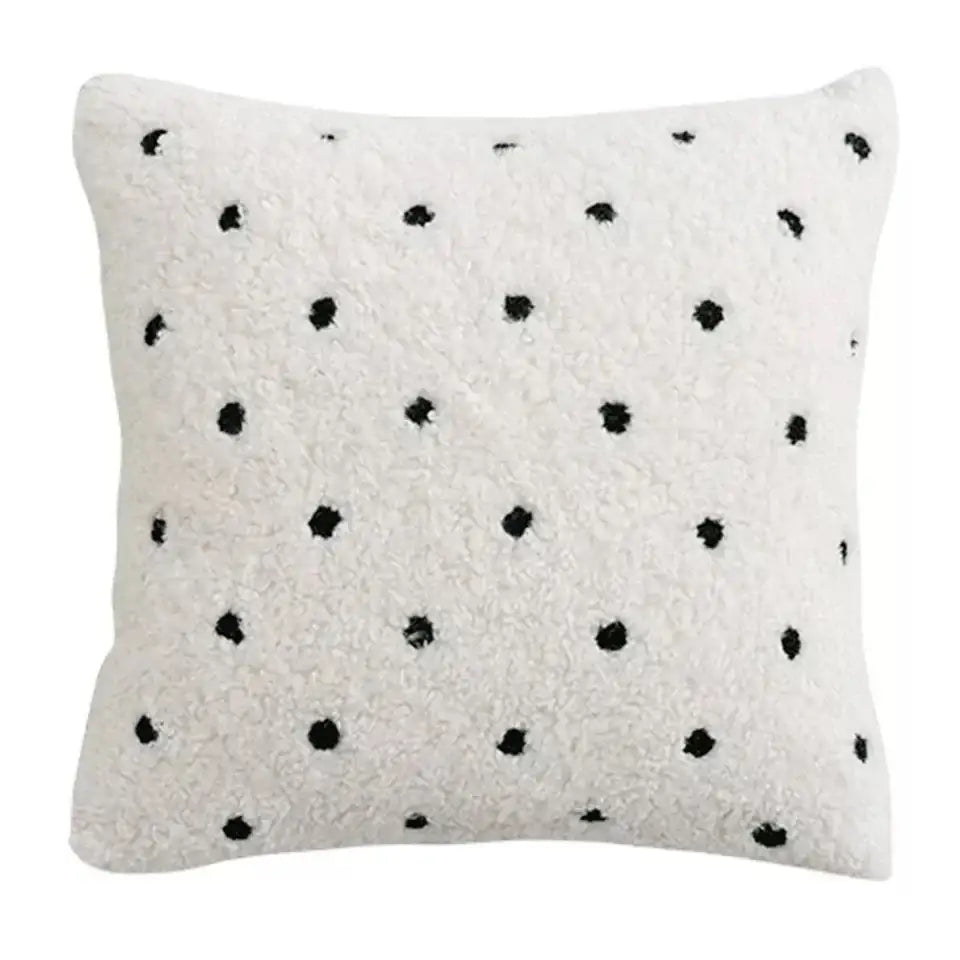 White fluffy ivorycamel polka dot cushion cover 45x45cm with black polka dots for living room use