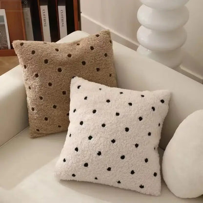 Two plush cushion covers 45x45cm in ivorycamel polka dot pattern with soft textured surface for living room use