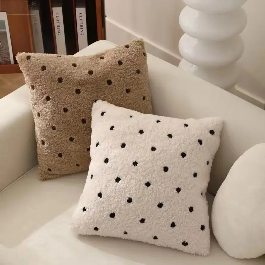 Two plush cushion covers 45x45cm in ivorycamel polka dot pattern with soft textured surface for living room use