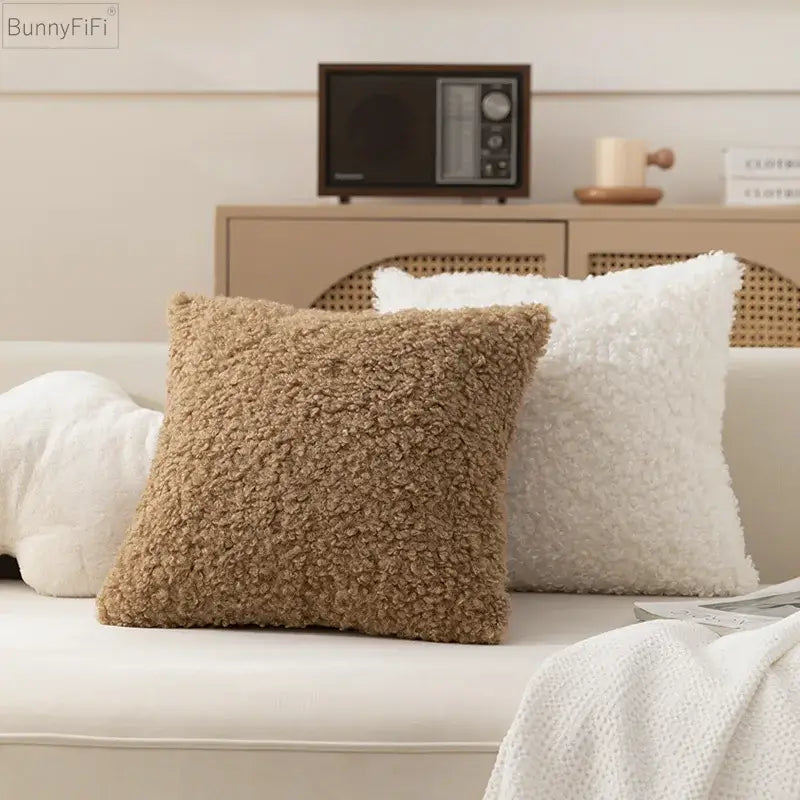 Tan fluffy sheepskin-style cushion cover 45x45cm from bunnyfifi with ivorycamel polka dot design for living room