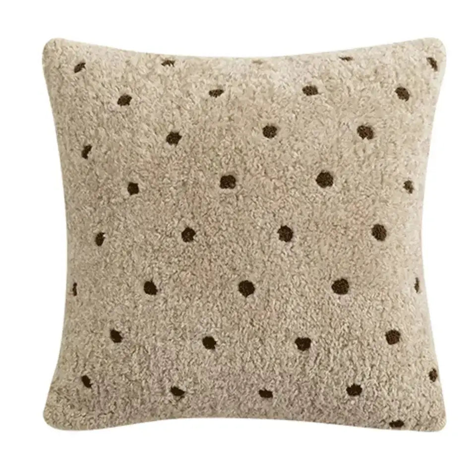 Beige faux fur cushion cover 45x45cm with dark brown embroidered ivorycamel polka dot for living room decor