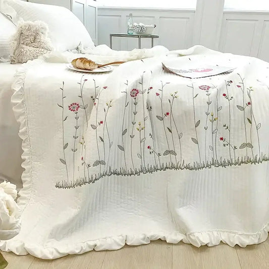 White fresh flower embroidered quilt set with delicate pink red and gray floral embroidery on ruffled cotton edge
