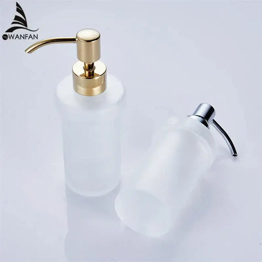 White frosted glass liquid soap dispenser with gold pump for bathroom use and elegant liquid soap dispensing