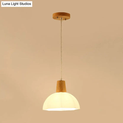 Lámpara colgante tipo paraguas de cristal esmerilado blanco con remate de madera - Lámpara de techo colgante beige modernista