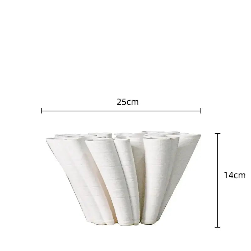 White geometric ceramic fold pattern vase with textured fluted cone design for living room decorbites geometric ceramic decor
