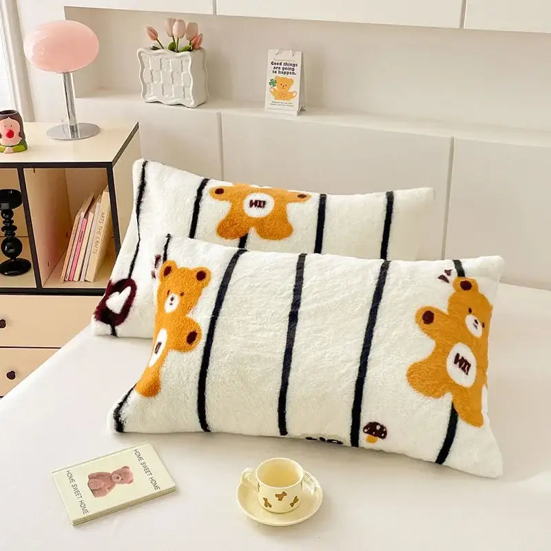 White ginkgo botanical cozy winter plush pillowcase with embroidered orange teddy bears and mushroom details for decorbites cozy winter decor