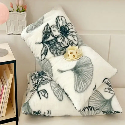 White ginkgo botanical cozy winter plush pillowcase with soft fuzzy texture and gray black floral pattern decorbites cozy winter