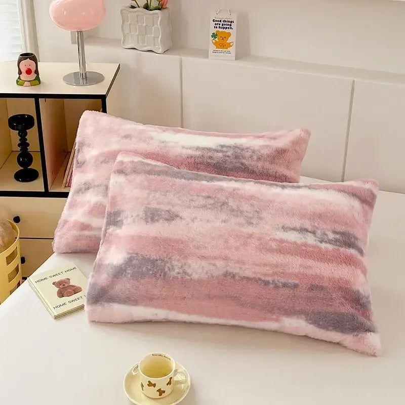 Soft pink and gray gradient winter plush pillowcase with fuzzy texture for decorbites cozy winter bedroom decor
