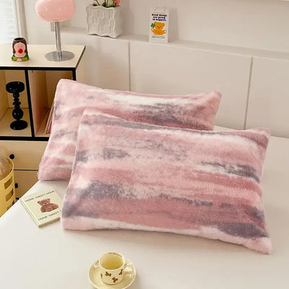 Soft pink and gray gradient winter plush pillowcase with fuzzy texture for decorbites cozy winter bedroom decor