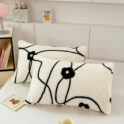 White ginkgo botanical cozy winter plush pillowcase with black abstract floral pattern for bedroom decorbites cozy winter use