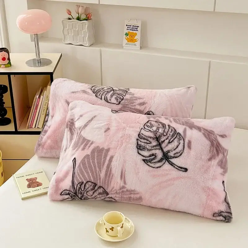 Pink plush pillowcases with black and gray monstera leaf prints for decorbites cozy winter plush bedroom decor