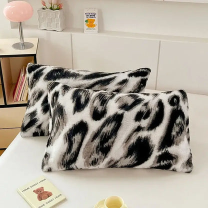 Fuzzy black and white leopard-print cozy winter plush pillowcase with soft texture for decorbites cozy winter decor
