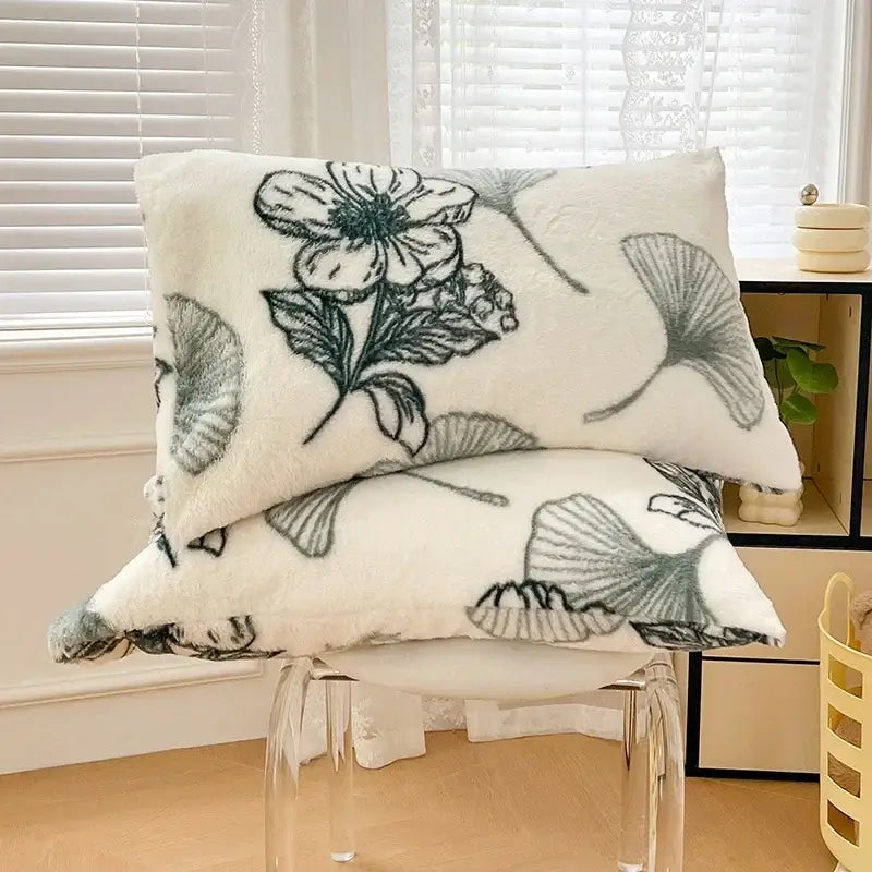 White ginkgo botanical cozy winter plush pillowcase with soft fuzzy texture and black gray floral decorbites cozy winter design