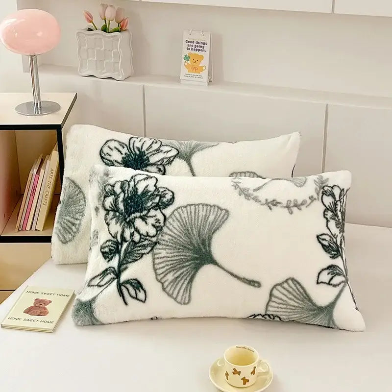 White ginkgo botanical cozy winter plush pillowcase with black and gray floral ginkgo leaf patterns for decorbites cozy winter decor