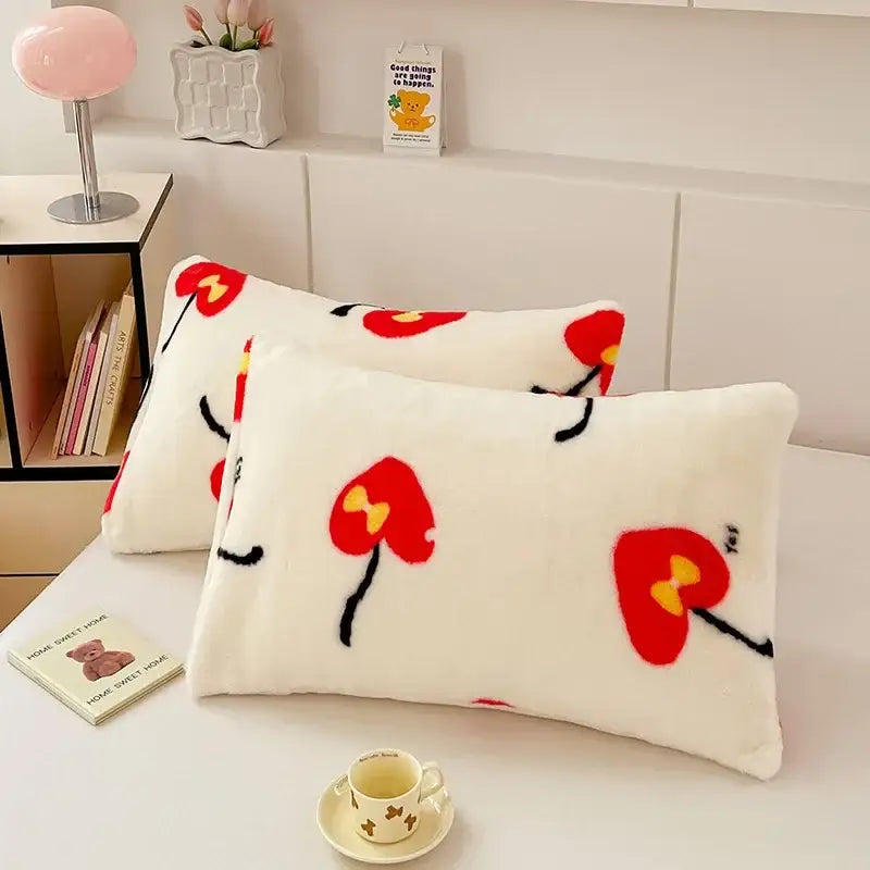 White ginkgo botanical cozy winter plush pillowcase with red heart flowers and black stems for decorbites cozy winter decorbites cozy winter plush winter plush pillowcase