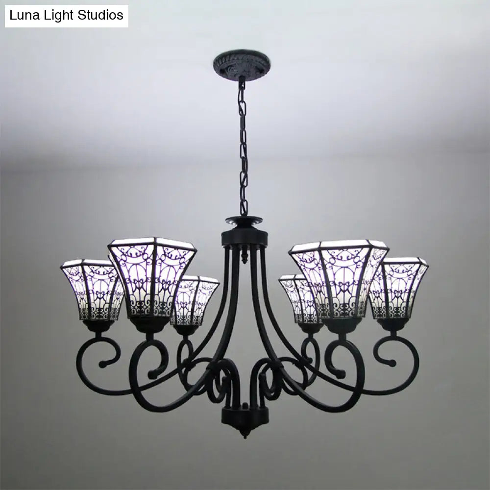 White Glass Bell Pendant Light with Fence Design - Lodge Style Chandelier Lamp (6 Lights) in Black