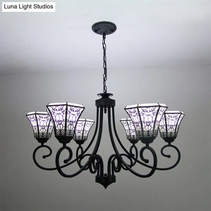 White Glass Bell Pendant Light with Fence Design - Lodge Style Chandelier Lamp (6 Lights) in Black