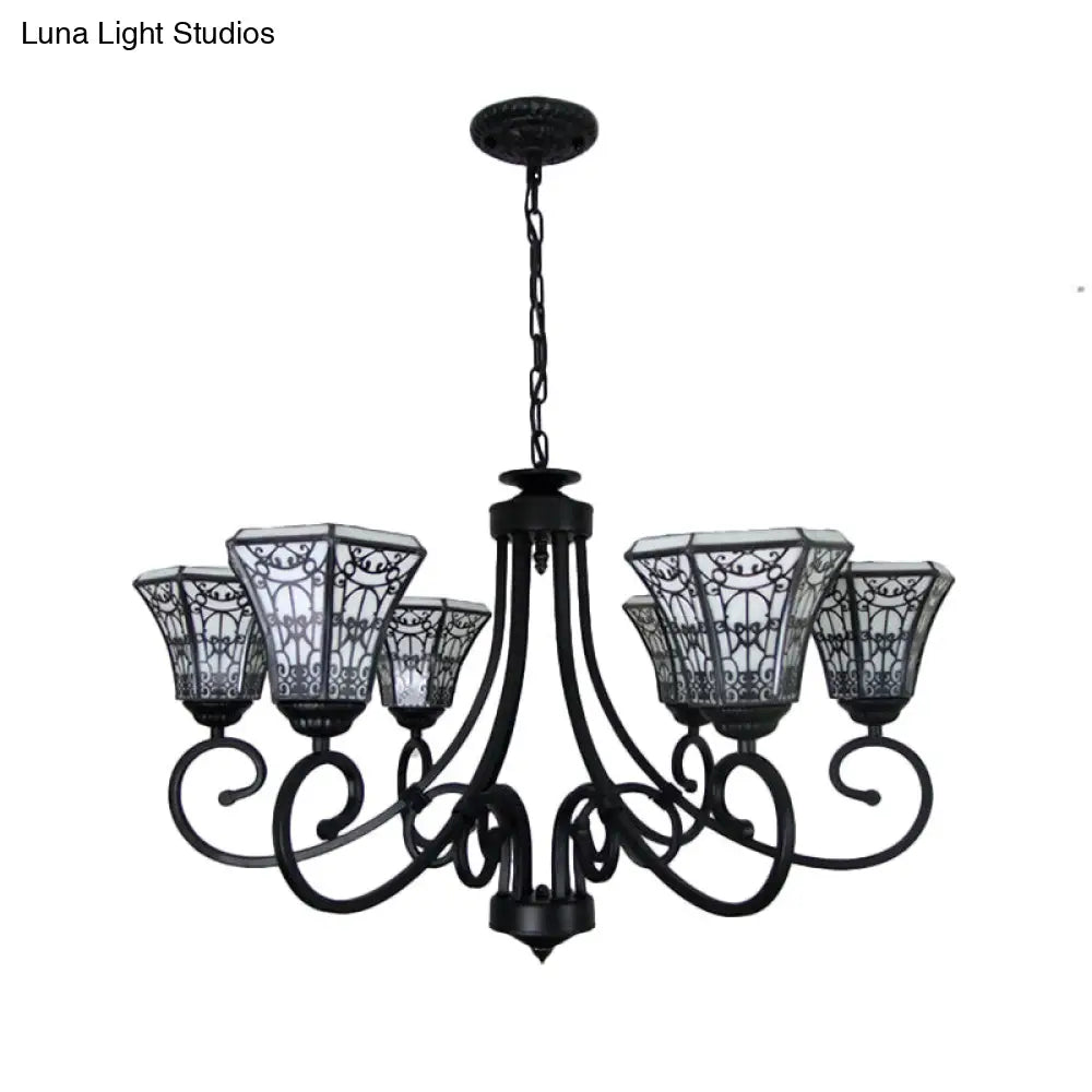 White Glass Bell Pendant Light with Fence Design - Lodge Style Chandelier Lamp (6 Lights) in Black