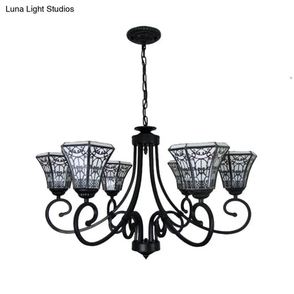 White Glass Bell Pendant Light with Fence Design - Lodge Style Chandelier Lamp (6 Lights) in Black
