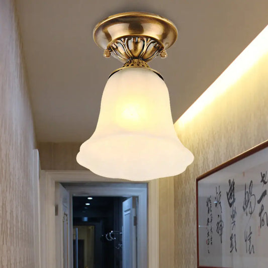 DecorBites™ DecorBites™ White Glass Ceiling Light Fixture with Classic Brass Bell - 1 Light Flush Mount for Living Room
