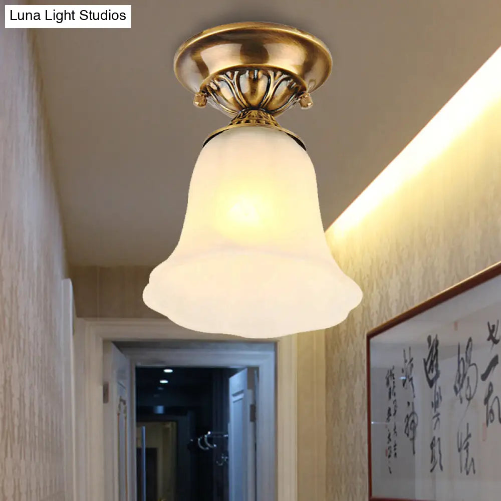DecorBites™ DecorBites™ White Glass Ceiling Light Fixture with Classic Brass Bell - 1 Light Flush Mount for Living Room