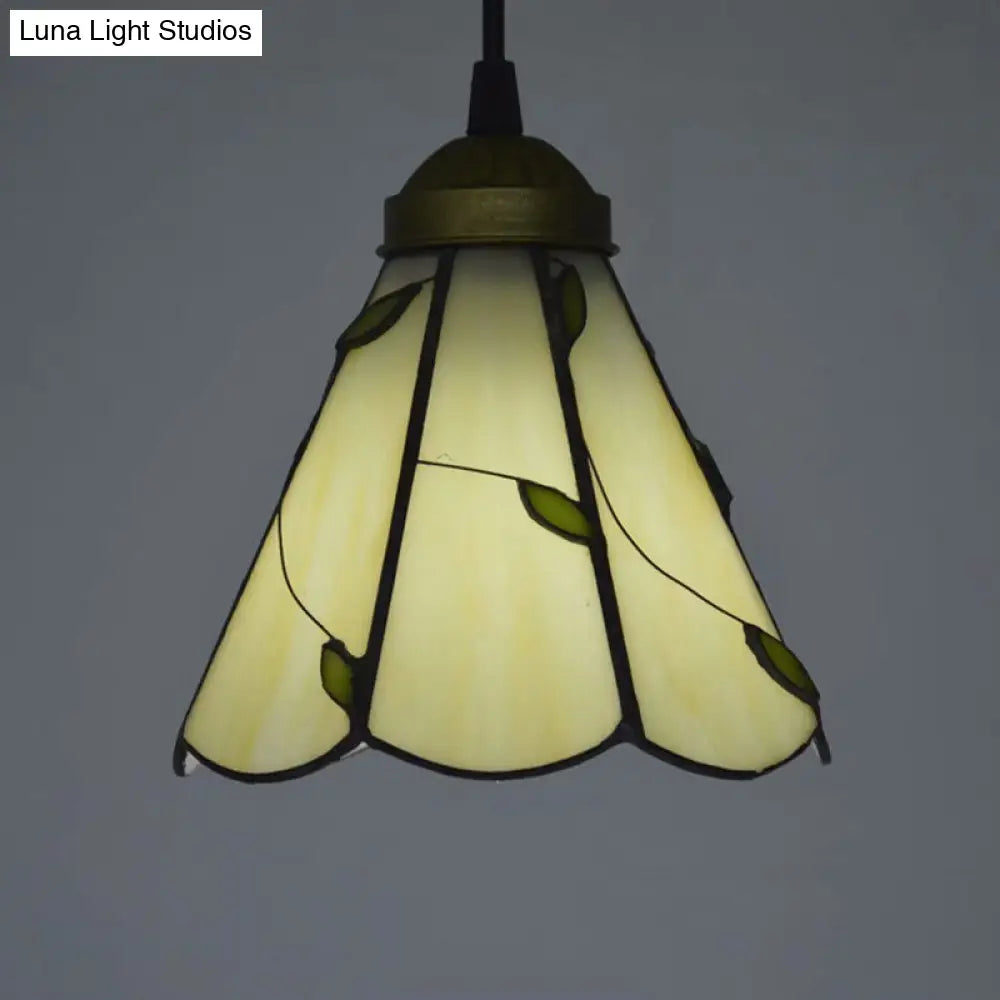 White Glass Cone Hanging Light Kit - Mission 1-Light Pendant Lamp with Bronze Leaf Pattern and Scalloped Trim