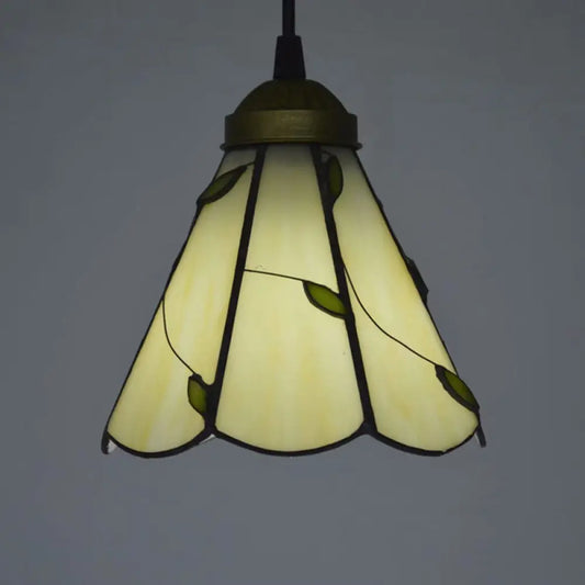 White Glass Cone Hanging Light Kit - Mission 1-Light Pendant Lamp with Bronze Leaf Pattern and Scalloped Trim