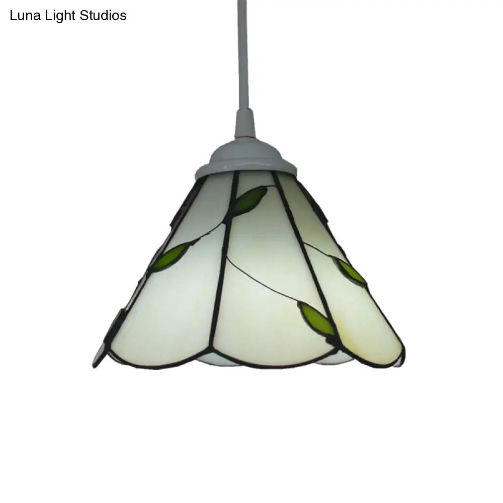 White Glass Cone Hanging Light Kit - Mission 1-Light Pendant Lamp with Bronze Leaf Pattern and Scalloped Trim