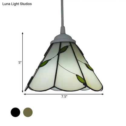 White Glass Cone Hanging Light Kit - Mission 1-Light Pendant Lamp with Bronze Leaf Pattern and Scalloped Trim