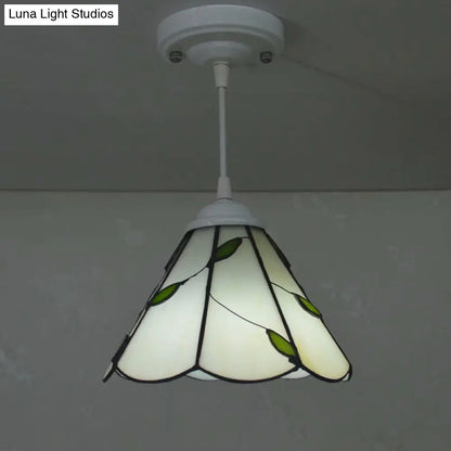 White Glass Cone Hanging Light Kit - Mission 1-Light Pendant Lamp with Bronze Leaf Pattern and Scalloped Trim